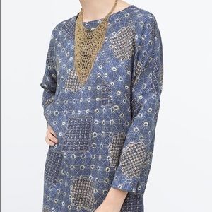Zara oversized printed crepe dress - blue/gold
